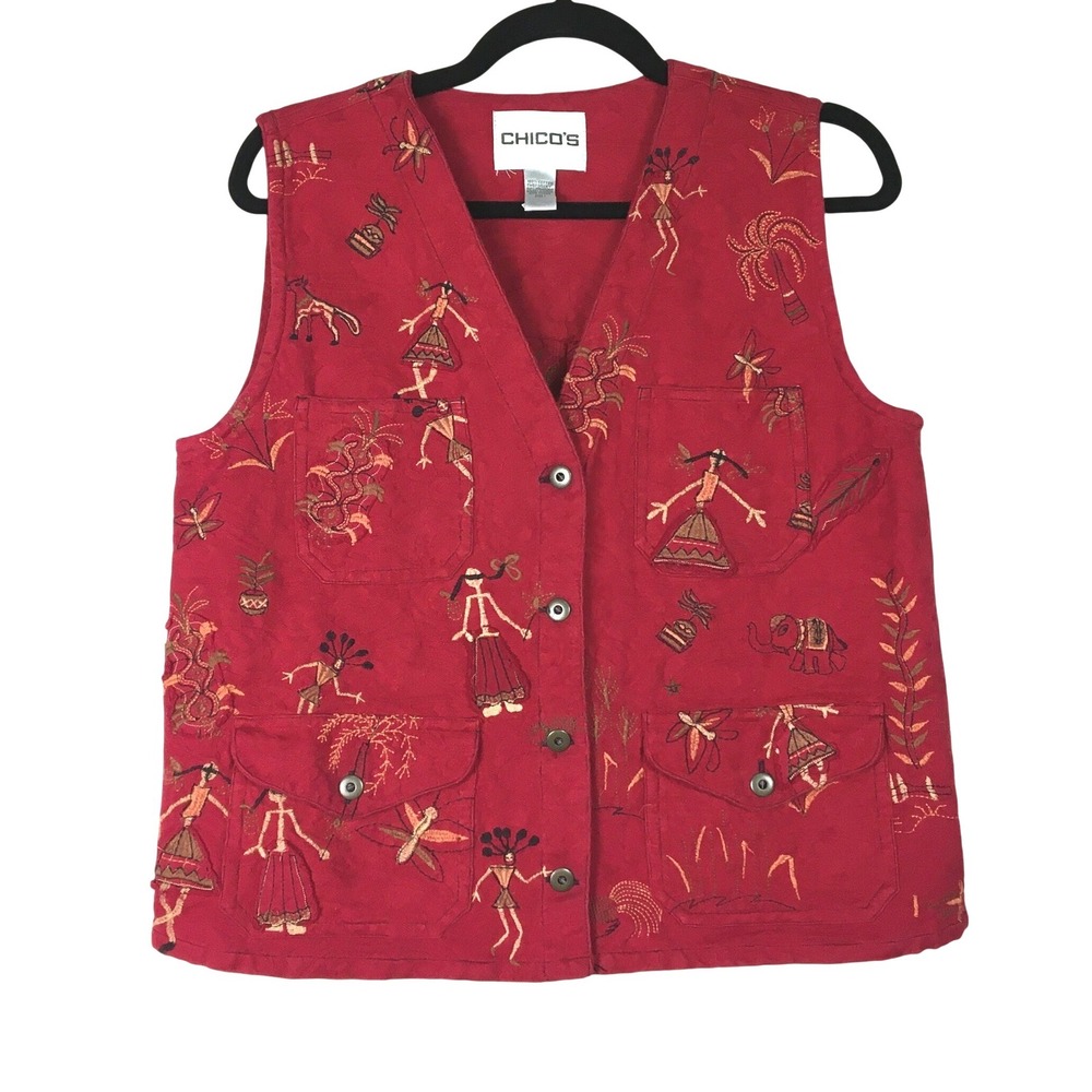 Chico's Familia Grand Vest Embroidered Tribal Art to Wear Cotton Vest 1 Red
